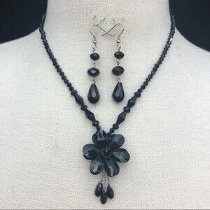 Black Glass Flower Beaded Necklace Earrings Set